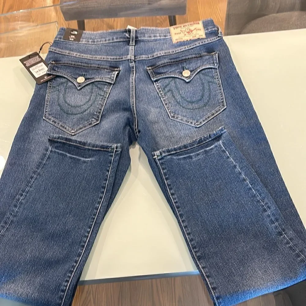 True Religion NWT jeans 32 GENO an flap slim dark blue wash faded very stretchy